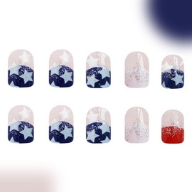 4th of July Press on Nails Short Square Fake Nails with Glitter Star Designs Independence Day Glue on Nails Press ons Red Bule White French Tip False Nails Translucent Stick on Nails for Women 24 Pcs