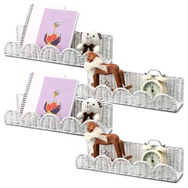 Pinkunn 4 Pcs Nursery Book Shelves 15.8 Inch Rattan Scalloped Floating Bookshelves Wicker Boho Book Shelf for Wall Mounted Decor Nursery Rooms Hanging(White)