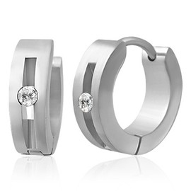 Zense - Men's Steel Earrings with Ring and CZ Diamond ZE0003, Stainless Steel, Diamond