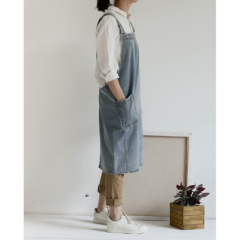 Denim Cotton Canvas Cross Back Aprons Solid Color Shop Kitchen