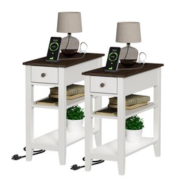 ChooChoo Farmhouse end Table Living Room Set of 2, Sofa Side Table Living Room with Charging Station,Narrow Night Stand with USB Ports & Power Outlets and Hidden Drawer