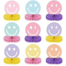 9PCS Smile Face Honeycomb Centerpieces Preppy Smile Face Party Decorations Happy Pastel Birthday Party Supplies for Colorful Rainbow Birthday Themed Bachelorette Party Decor Favor