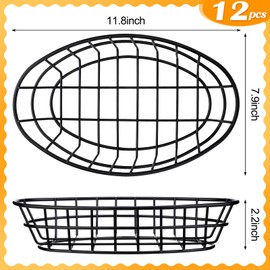 Hushee 12 Pcs Wire Bread Basket Black 11.8 x 7.9 x 2.2 Large Oval Metal Dinner Roll Baskets Bulk for Serving Fruit Bowl Storage with 50 Sheet Deli Wrapper Paper for Restaurant Kitchen Table Fast Food