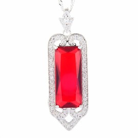 RIZILIA Pendant with 45cm(18") Chain & Rectangular Cut Gemstones CZ [Red Ruby] in 18K White Gold Plated, Simple Modern Elegance
