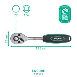WIESEMANN 1893 Lever Reversible Ratchet 1/4 Inch with 72 Teeth I Fine-Toothed Ratchet Made of Chrome-Plated CV Steel with Two-Component Handle I 80812