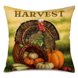 Tlovudori Thanksgiving Autumn Harvest Turkey Pillow Covrs Vintage Rustic Farmhouse Pumpkin Basket Apples Pillowcase Home Sofa Couch Bed Decorive Cushion Cover for Thanksgiving Day 18”x18”