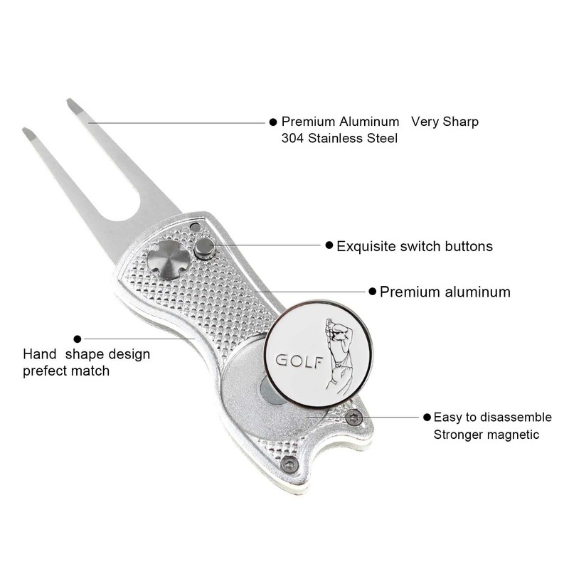 CRESTGOLF Switchblade Golf Divot Tool Golf Green Repair Pitch Fork(silver)