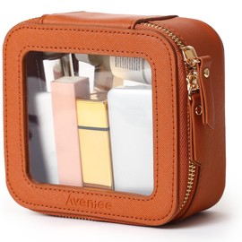 Aveniee Mini Clear Makeup Bag, Small Cosmetic Bags Travel Toiletry Pouch Organizer, TSA Approved Make up Case with Zipper, Car Bag for Essentials,Brown