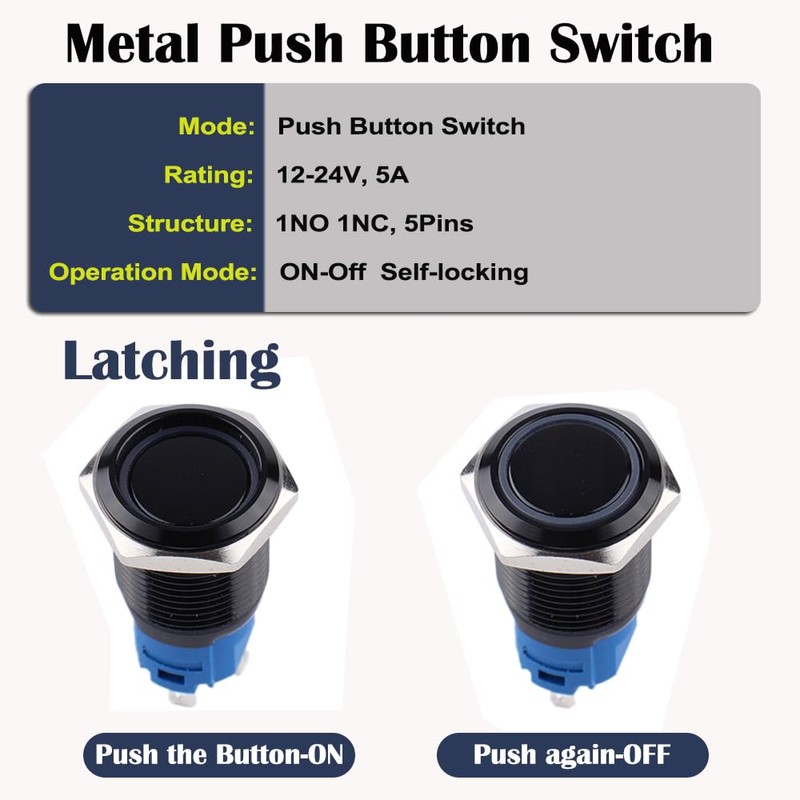 DMWD 2PCS 16MM Latching Push Button Switch Ring Led 12V-24V