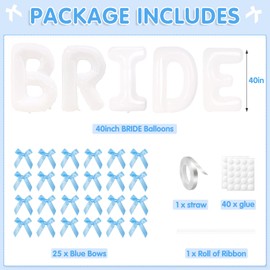 40 Inch White Bride Balloons with Blue Bows, Jumbo Bachelorette Party Décor Bride Letter Balloons Bridal Photo Booth Bridal To Be Banner for Wedding Bachelorette Party Decorations