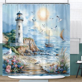 Nautical Coastal Lighthouse Shower Curtain, Boho Ocean Beach Lighthouse Seascape Beachy Abstract Shower Curtain Set, Seasides Sailboat Seagull Fabric Shower Curtain for Bathroom 12 Hooks, 72"×72" Blue