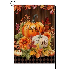Happy Fall Garden Flag Burlap Vertical Double Sided Fall Pumpkin Maple Leaves Small Yard Flag, Thanksgiving Autumn Harvest Holiday Outdoor Decoration 12 x 18 Inch