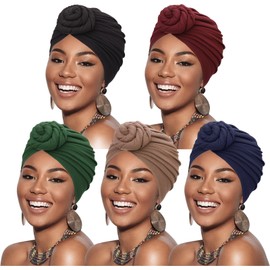 DRESHOW 5 Pack Knotted Headwraps for Women African Turban Pre-Knotted Beanie Headwraps Hair Covers