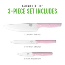 GreenLife High Carbon Stainless Steel 3 Piece Knife Set with Covers, Includes Chef Utility and Pairing, Comfort Grip Handles,Triple Rivet Cutlery, Soft Pink