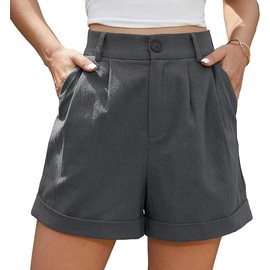 BEIGAI Women's Shorts Summer Linen High Waist Shorts with Pockets, gray