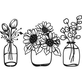 Hotop Pack of 3 Metal Flowers Wall Decoration Minimalist Vase Wall Art Black Tulip Wire Iron Decor Flowers Wall Sculpture for Kitchen Bathroom Living Room (5.6/6/9.9 Inches)