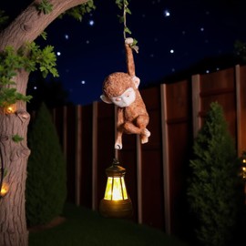 Solar Powered Hanging Monkey Figurine with LED Lantern Resin Climbing Baby Chimpanzee Vine Statue for Garden, Yard, Wall Decor – Waterproof, Durable & Adorable Outdoor Solar Light