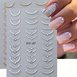 French Tip Nail Art Stickers Gold Silver French Line Nail Decals 2PCS 3D Self-Adhesive Nail Stickers Stripe Lines Nail Art Decals with Rhinestone Design French Nail Supplies for Women Nail Decoration