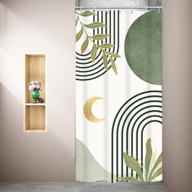 Riyidecor Small Stall Sage Green Boho Shower Curtain RV Single Half Size Mid Century Abstract Modern Geometric Simple 36Wx72H Inch Arch Leaves Fabric Decor Bathroom Polyester Waterproof Hooks