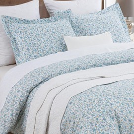 DAUAOTO Cotton Duvet Cover Queen Size Set - 90"x90" Cover + 2 Shams, Printed Bedding Sets, Ditsy Floral Pattern Blue