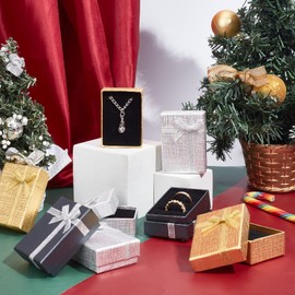 PH PandaHall Christmas Gift Box, 12pcs 2.7x2x1 Inch Cardboard Jewelry Gift Boxes Metallic Display Boxes Small Earring Gift Box with Bowknot for Pendant Jewelry Necklace Bracelet, Golden/Silver/Black