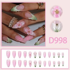 EYZOTSF Press on Nails Almond Medium Length Acrylic French Almond Shaped False Nails with Designs Artificial Medium Fake Nails with Charms Glue Stick ons Fingernails for Women Girls(D998)