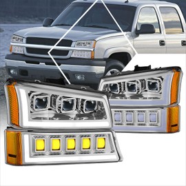 PM PERFORMOTOR Pair of Full LED DRL Headlights Compatible with 03-07 Chevy Avalanche Silverado 1500 2500 HD 3500 Classic, with Day Time Running Light Bars & Turn Signal, Chrome Housing Amber Corner