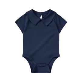 Teach Leanbh Baby Girls Peter Pan Collar Bodysuit Cotton Soild Short Long Sleeve Romper 0-24 Months (Navy Short Sleeve, 0-3 Months)