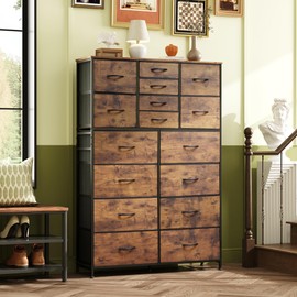 WLIVE Tall Console Table with 16 Fabric Drawers, Entryway Table with Storage, Large Storage Organizer with Wood Top, Steel Frame for Living Room, Hallway, Office, Rustic Brown