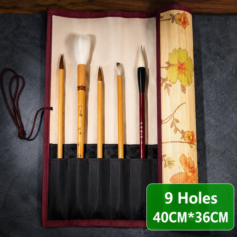 Bamboo Roll Up Brush Holder, 7/8/9 Slot Calligraphy Pen Case,