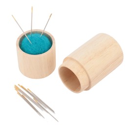 Circular Wooden Needle Storage Box Large Capacity Sewing Pin Cushion with Embroidery Needles, Compact and Secure Needle Tube for Home and Travel (Blue Green)