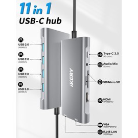 IKERY 11-in-1 USB-C Hub Docking Station with 5 Gbps USB-A & USB-C Data Ports,4K HDMI, DisplayPort, 100W PD, VGA, USB 3.0 port, Type C,RJ45 Ethernet,SD/TF Card Reader,3.5mm AUX,for MacBook Pro and More