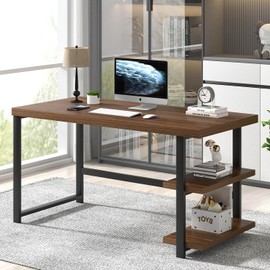 FOLUBAN 47 Inch Computer Desk, Small Home Office Desk with Storage Shelves, Industrial Writing Study Gaming Table Workstation for Living Room Bedroom, Rustic Walnut