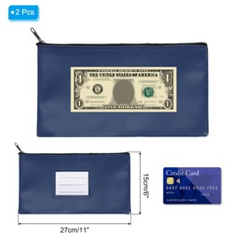PATIKIL 11x6 Money Bank Deposit Bag with Zipper, 2 Pcs Leatherette Coin Check Wallet Pen Pouch Bag with Clear Window for Office Travel, Dark Blue