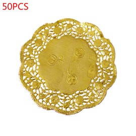 caralin 50Pcs 3.5 Inch Hollow Floral Round Lace Paper Doilies Party Gold Placemat Paper, As Pic Shows