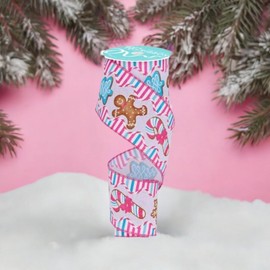 Craig Bachman Christmas Ribbon, Gingerbread Cookies Pattern, 2.5 Inch x 10 Yards, White with Pink and Blue Stripes