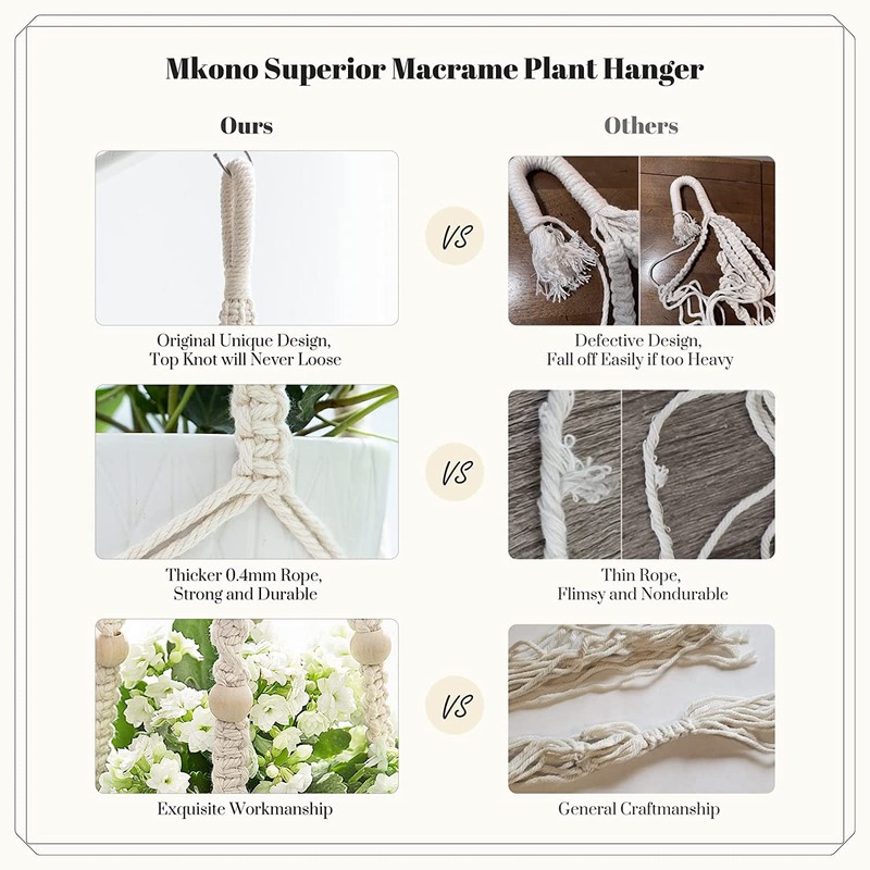 Mkono Macrame Plant Hangers, 5 Pack Different Tiers Indoor Hanging