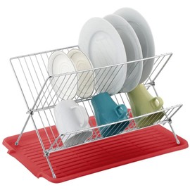 J&V TEXTILES Foldable Dish Drying Rack with Drainboard, Stainless Steel 2 Tier Drainer, Collapsible Folding Rack for Kitchen Sink, Countertop, Cutlery, Plates (Red)