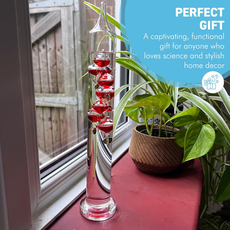 30cm Tall Free Standing Galileo Thermometer with seven red floating