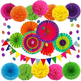 WEEMAGIC Party Decoration, 21 Pcs Multi-Color Hanging Paper Fans, Pom Poms Flowers, Garlands String Polka Dot and Triangle Bunting Flags for Birthday Parties, Wedding Décor, Fiesta or Mexican Party