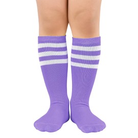 Century Star Kids Soccer Socks Striped Cotton Atheletic Softball Baseball Socks Toddler Youth Knee High Socks for Boys Girls, Purple White & Lake White, 12-15 Years