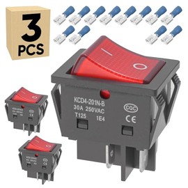 3-Pack 30A Heavy Duty Rocker Toggle Switch with Red Light, ON/Off DPST 4Pin Illuminated Lighted Boat Switches for Home Auto Car Marine Boat, KCD3-201