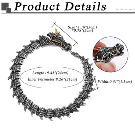 Flongo Dragon Snake Bracelet for Men: Gothic Viking Stainless Steel Flexible Bendable Dragon Head with Gold Horns Snake Chain Snake Bracelet Punk Bully Vintage Mystery Bracelet Bangle Silver, 21 cm,