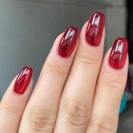 Red Solid Color Press on Nails Short CEWEWP Acrylic Nails Square Fake Nails Cat Eye with Pearl Light Designs False Nails Glossy Glue on Nails Reusable Artificial Stick on Nails for Autumn Women 24Pcs