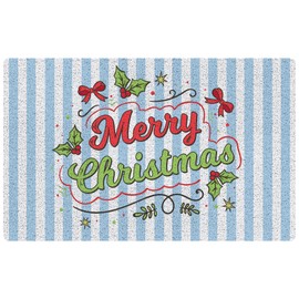 ZOFGUO Red and Green Christmas Door Mat, Blue Striped Merry Christmas Vacation Doormat Outdoor Indoor Outside Entrance Entryway, Holiday Winter Xmas Welcome Mat for Front Door Porch, 17x30 Inches