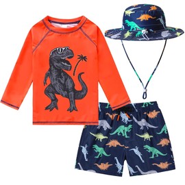 Toddlers and Baby Boys' 3-Piece Rash Guard Swimsuits Kids Long Sleeve Sunsuit Swimwear Sets, Orange Dinosaur, 6-9 Months
