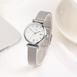 Women's Watch Fashion Leather Strap Watches for Women,Simple Three Hands Analog QuartzWristwatch,Gift for Women (Silver, 28mm, Silver)