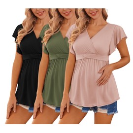 Ekouaer Maternity Shirts 3 Packs Flying Short Sleeve Nursing Tops Pregnancy Clothes Black+Pink+Army Green L