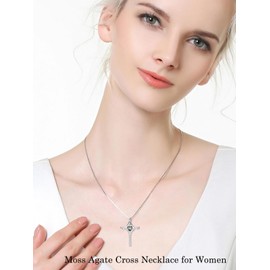 HPQQ Moss Agate Cross Necklace for Women Sterling Silver Faith Cross Pendant Necklace Moss Agate Cross Christian Jewelry Anniversary Birthstone Christmas Gifts for Women Her