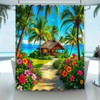 Beach Ocean Palm Tree Shower Curtain Seaside Grass House Floral